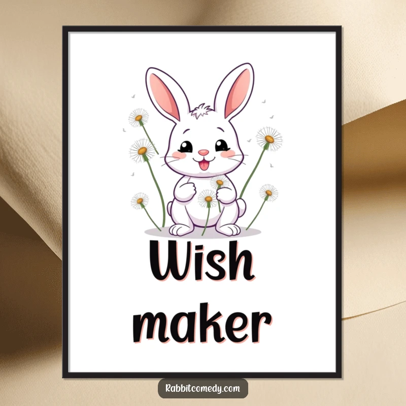 Funny Rabbit Dandelion Poster: Whimsical art featuring a happy rabbit juggling large dandelion seed heads.