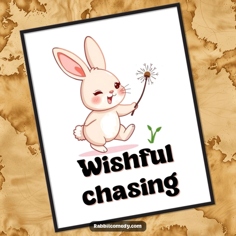 Funny rabbit character comically in pursuit of a delicate, floating dandelion seed, featured in this humorous wall art.