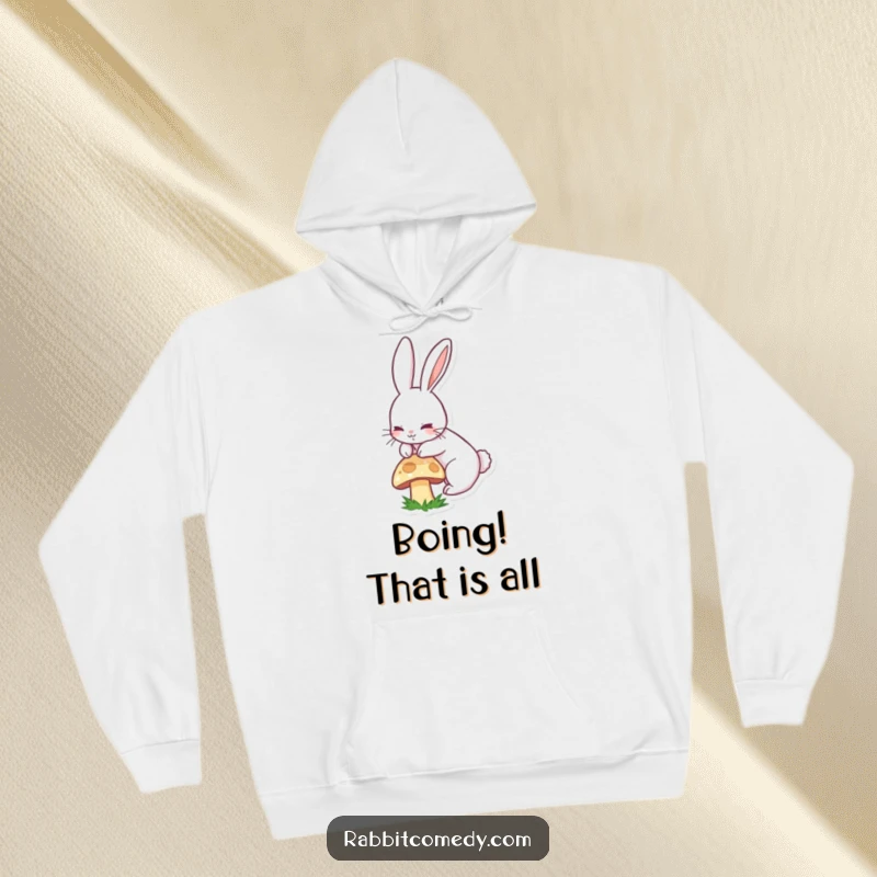 Funny hoodie showcasing a happy, long-eared rabbit mid-boing over a mushroom, perfect for cozy, comical moments.