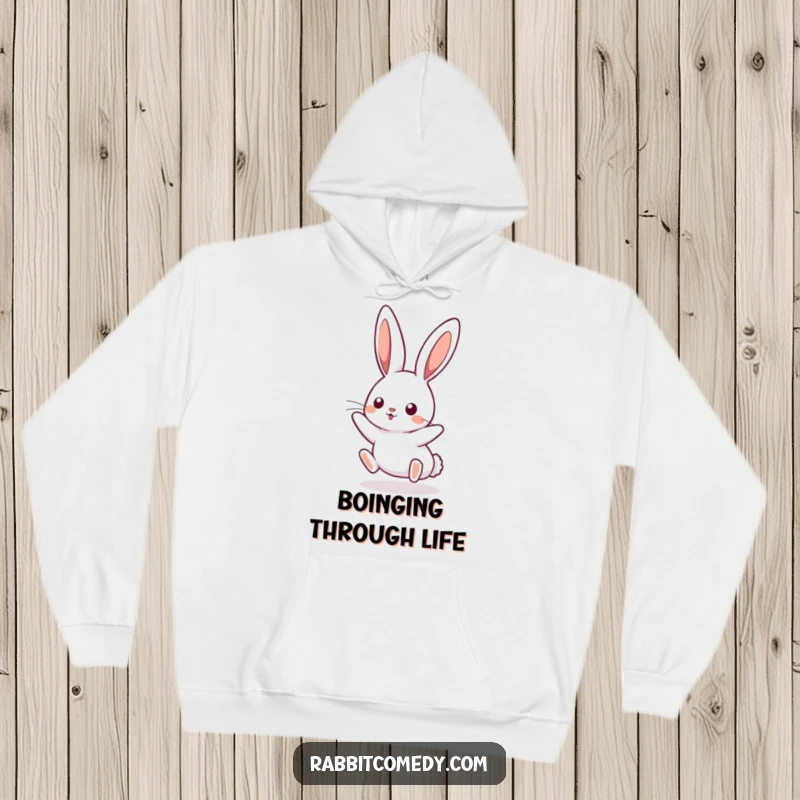 Funny kawaii rabbit hoodie, illustrating a cute bunny playfully boinging mid-air with its ears perked. Cozy and humorous apparel.