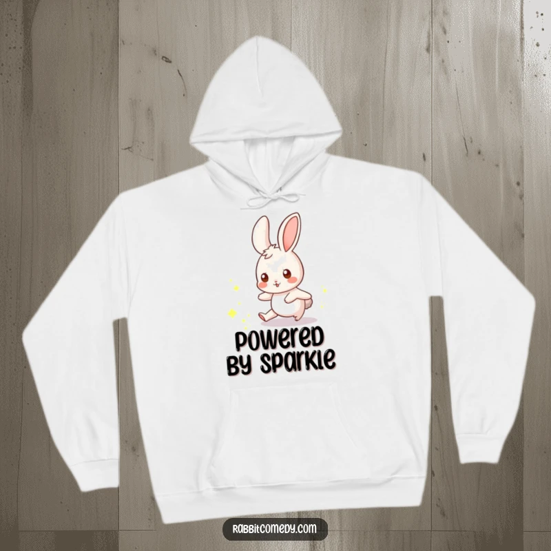 Funny rabbit hoodie showing a whimsical rabbit playfully chasing a scattering of glowing dust motes.