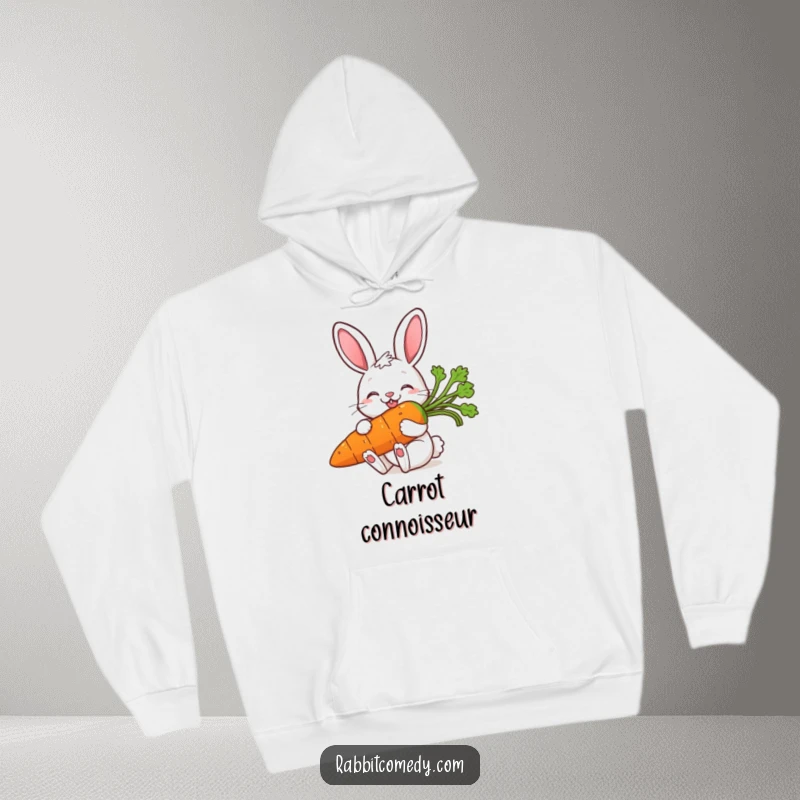 Funny hoodie with a smiling rabbit gleefully eating a massive carrot, exuding happiness and warmth in a cute and humorous way.