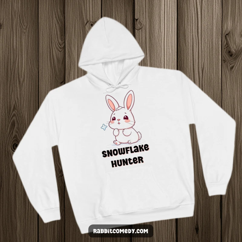 Funny hoodie depicting a cartoon rabbit playfully reaching for a snowflake with its nose in a snowy scene.