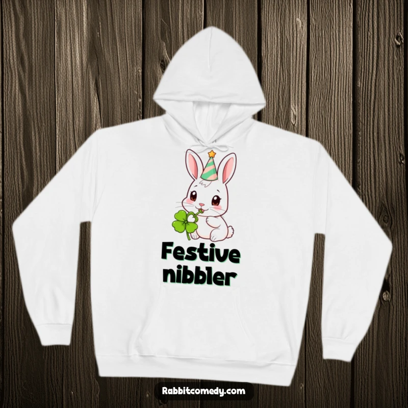 Funny Party Rabbit Hoodie: A warm hoodie featuring a rabbit in a party hat happily nibbling on a clover.