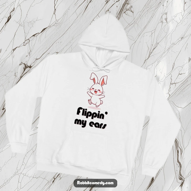 Funny Hoodie featuring a rabbit character playfully bouncing with comically floppy ears, ideal for cozy, lighthearted relaxation.
