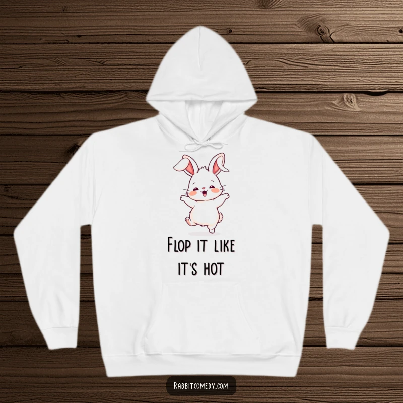 Funny rabbit hoodie, showing a fluffy character doing a comical dance with its ears flopping wildly, exuding playful charm.