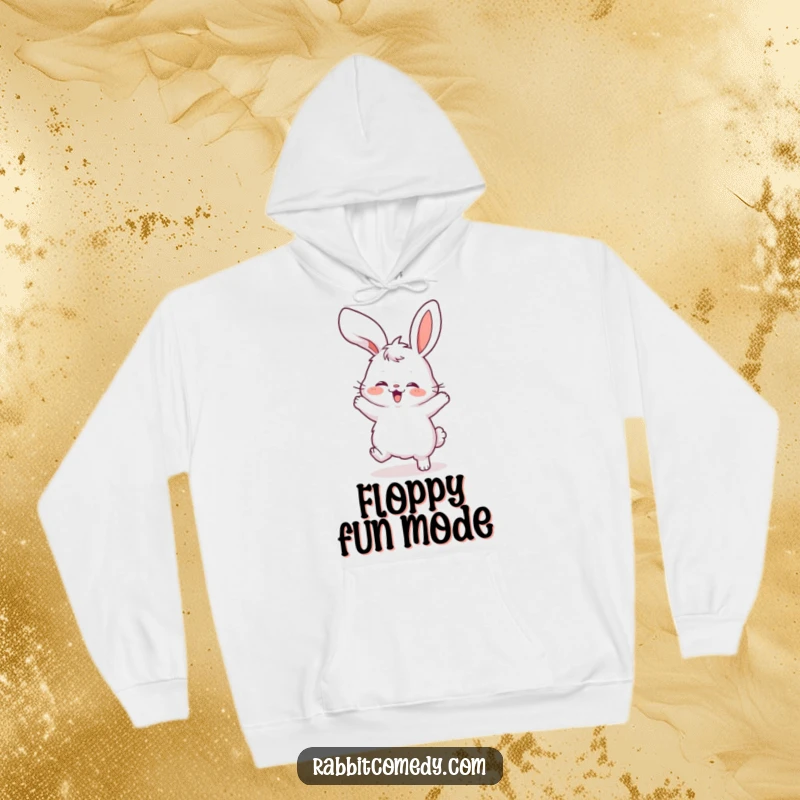 Funny hoodie showcasing a fluffy rabbit in the midst of a hilarious, energetic dance, ears flopping wildly for maximum amusement.