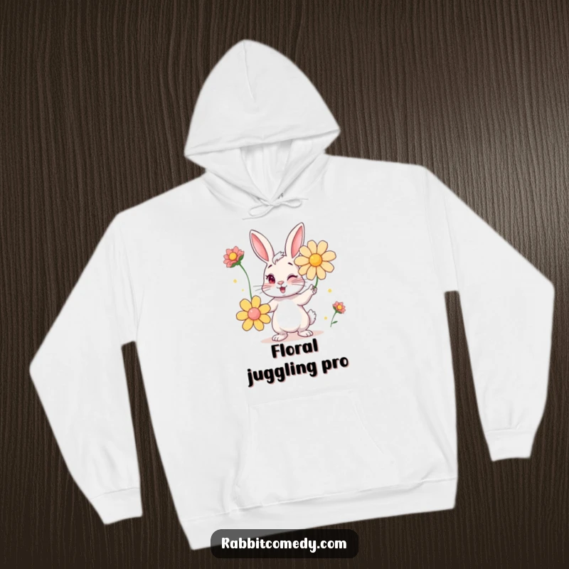 Funny hoodie with a mischievous winking rabbit juggling a bouquet of vibrant flowers, offering warmth and humor.
