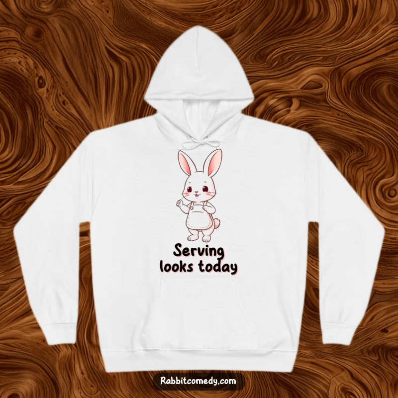 Funny hoodie featuring a sweet rabbit wearing a small apron, posed helpfully and invitingly.