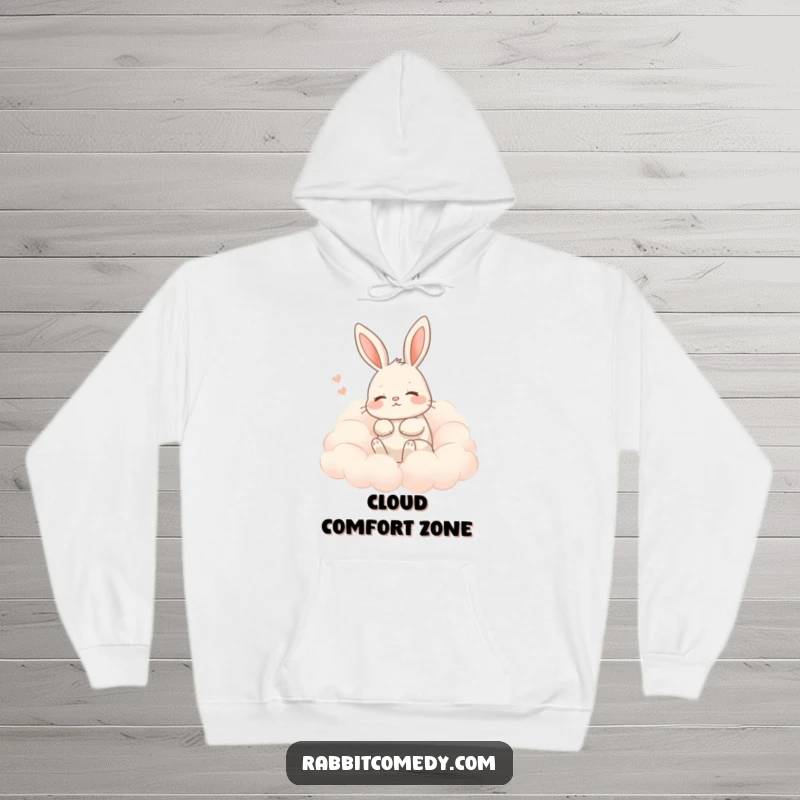 Funny rabbit hoodie showing a rabbit blissfully nestled amongst fluffy clouds, exuding humorous contentment and warmth.