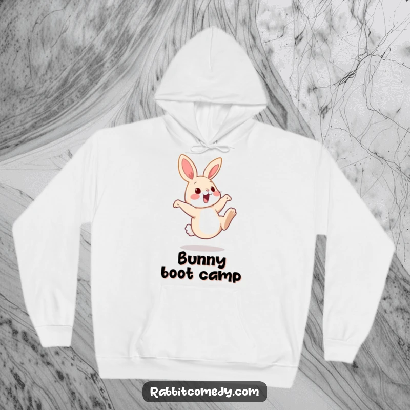 Funny rabbit hoodie depicting a happy bunny energetically kicking its hind legs in the air, perfect for cozy, playful moments.