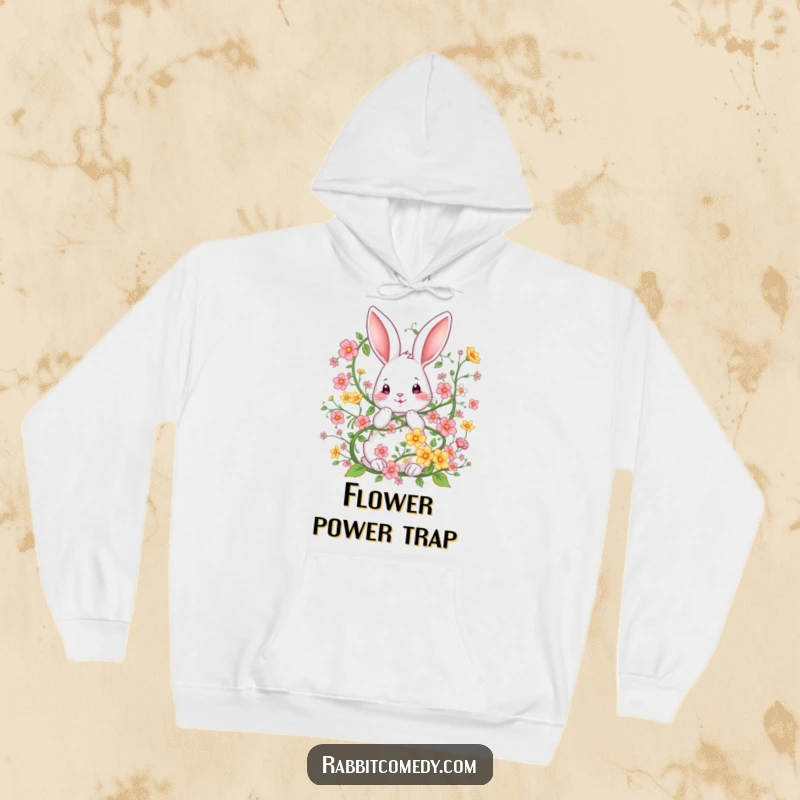 Funny hoodie illustrating a rabbit charmingly tangled within a colorful and whimsical vine of flowers, bringing a sense of lightheartedness.