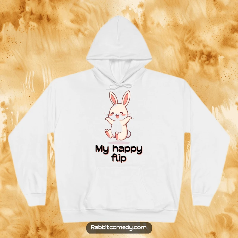 Funny Rabbit Somersault Hoodie: A comfortable hoodie shows a rabbit performing a joyful somersault, its tail bouncing with visible delight.