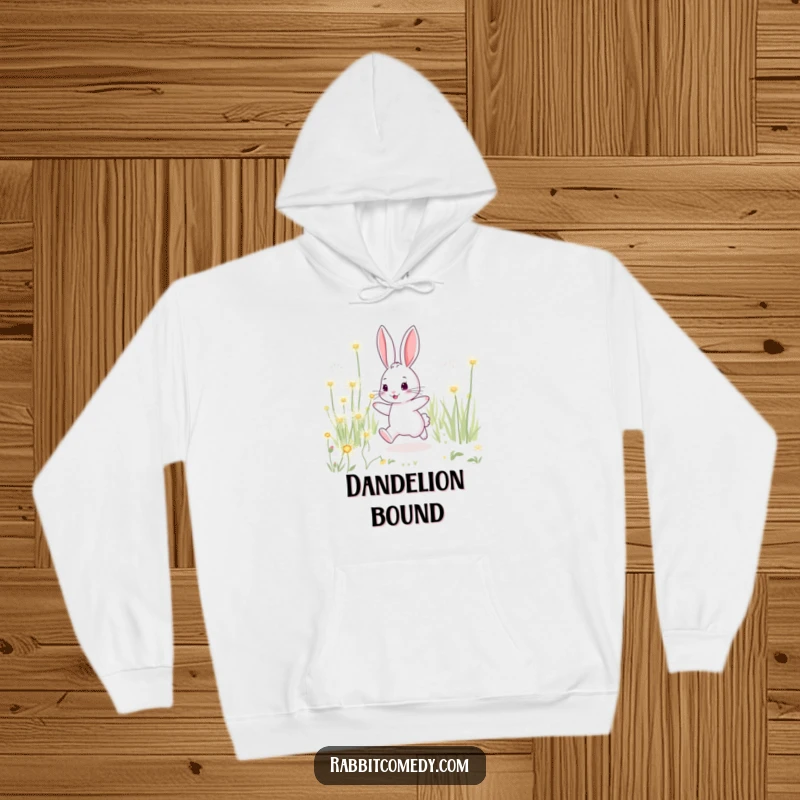 Funny rabbit hoodie, playfully hopping through a field of giant, sparkling dandelions, radiating joy and freedom.