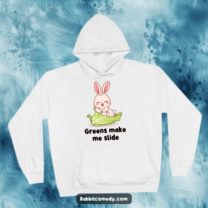 Funny hoodie print of a rabbit comically sliding on a large, freshly picked lettuce leaf, capturing a moment of pure, slippery amusement.