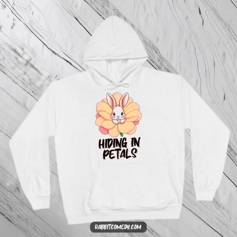 Funny rabbit peeking from a huge, colorful flower, printed on a warm and humorous hoodie for cozy wear.