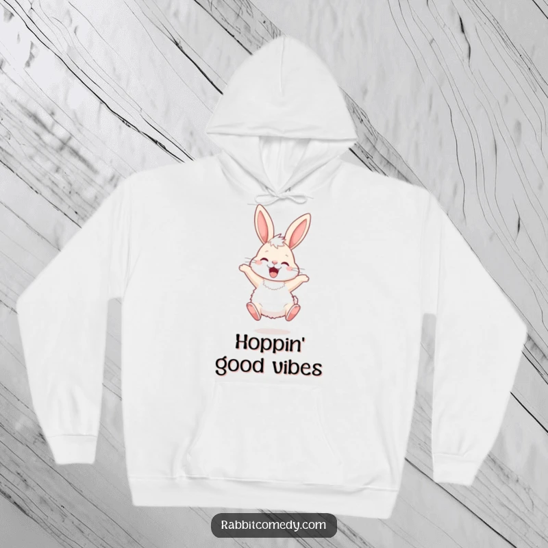Funny Hoodie depicting a fluffy rabbit with long ears hopping with ecstatic joy, ideal for cozy and cheerful wear.
