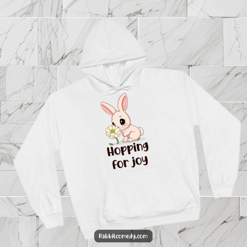 Funny Rabbit Hoodie: A delightful rabbit character engrossed in sniffing a giant clover, capturing a moment of innocent, wide-eyed fascination.