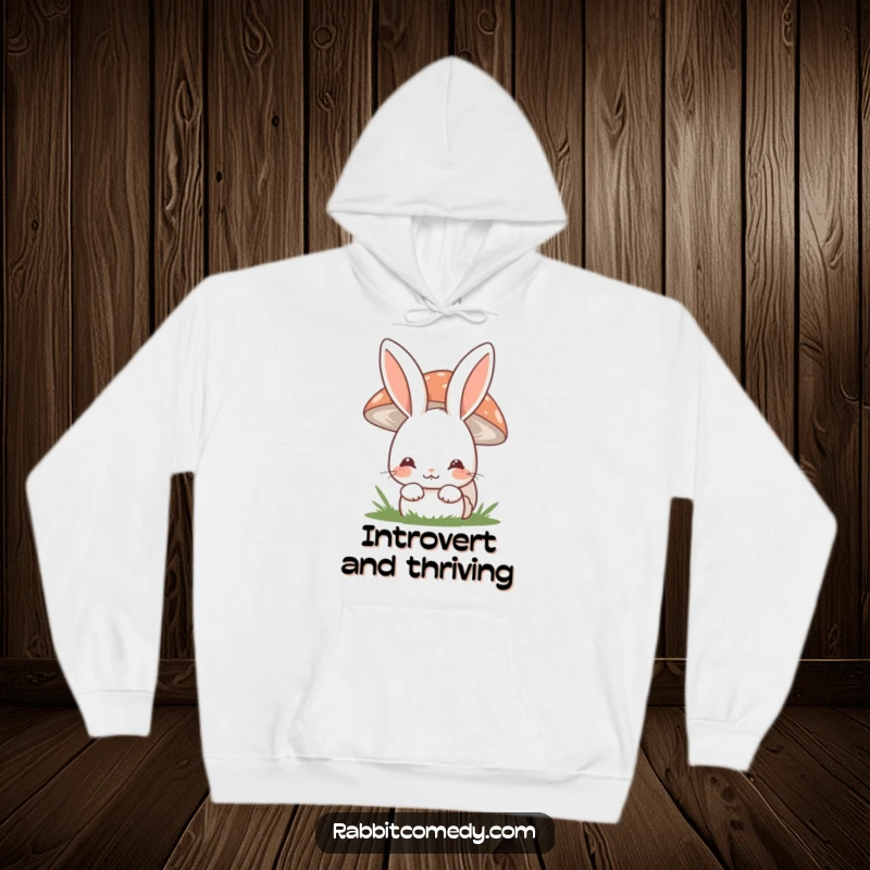Funny shy rabbit hoodie featuring a cute bunny hiding behind a mushroom, offering warmth and a shy smile.
