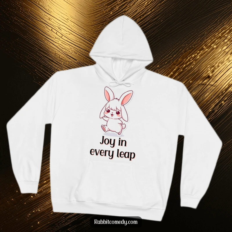 Funny rabbit hoodie with a cute, floppy-eared bunny captured mid-hop, radiating happiness and cozy vibes for maximum comfort.