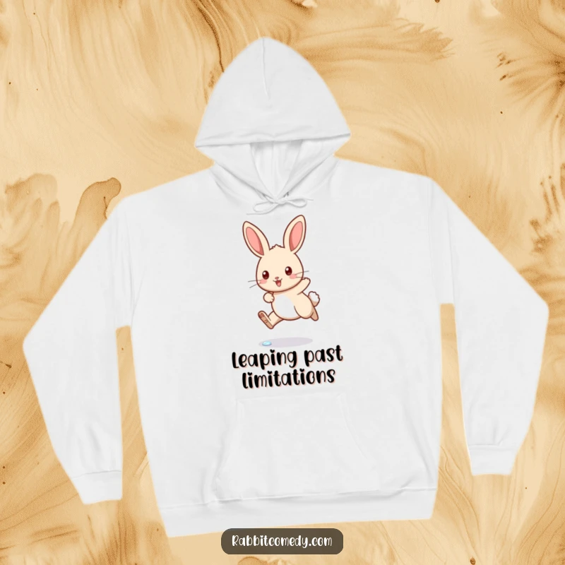 Funny rabbit hoodie showing a determined bunny mid-hop over a sparkling dewdrop, radiating humorous tenacity and comfort.
