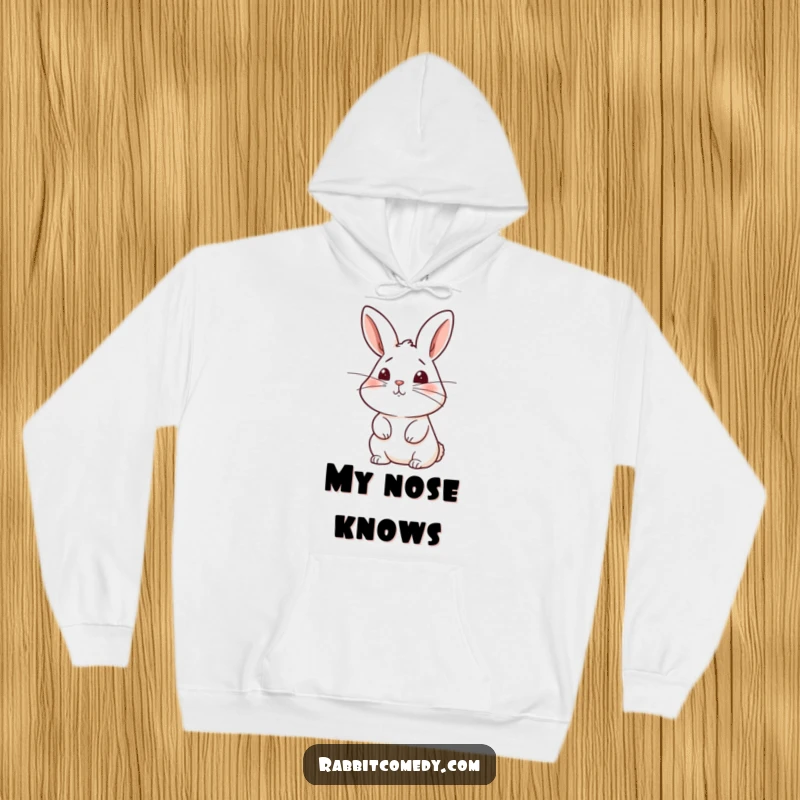 Funny rabbit hoodie featuring a cute bunny with twitching whiskers, sniffing the air with intense curiosity.