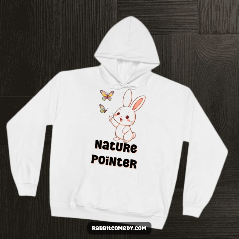 Funny Rabbit Butterfly Hoodie: A warm hoodie featuring a rabbit pointing with its whiskers towards a hovering butterfly.