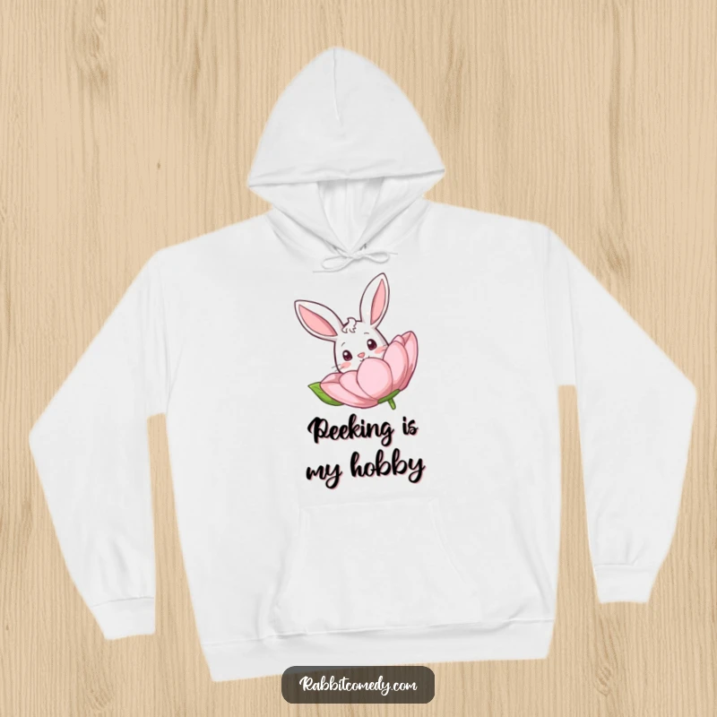Funny Rabbit Flower Hoodie: A charming rabbit peeks around a big, bright flower, inviting curiosity and warmth.