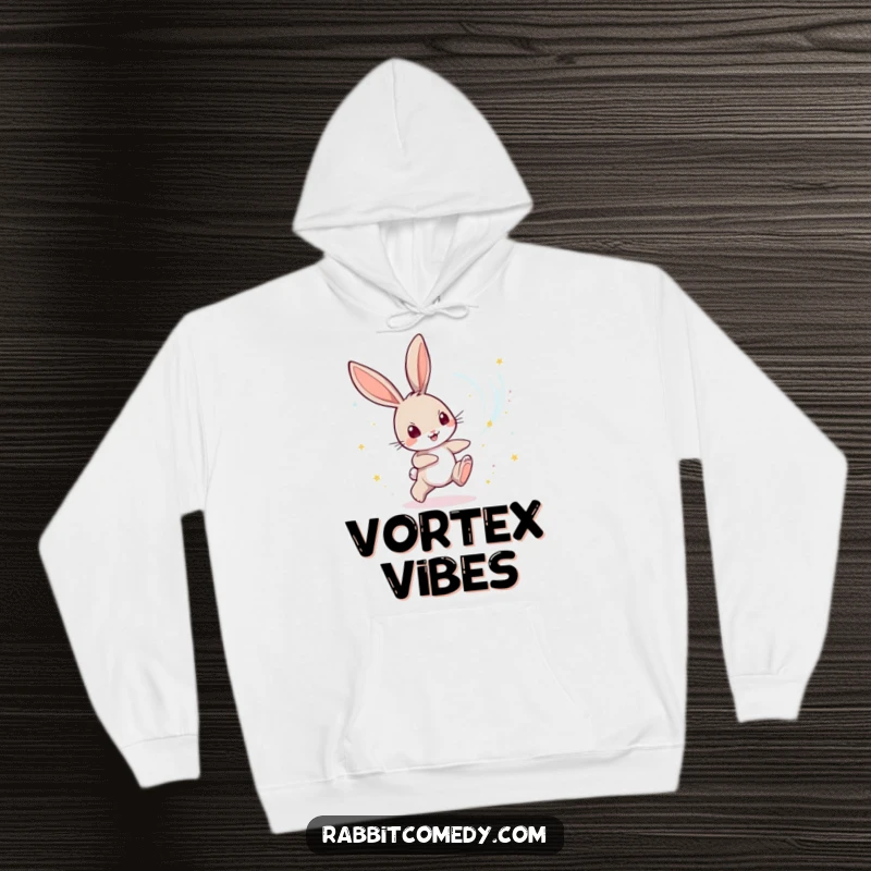 Funny Rabbit Hoodie: A playful rabbit character chases a swirling vortex of shimmering magical dust, radiating wonder.