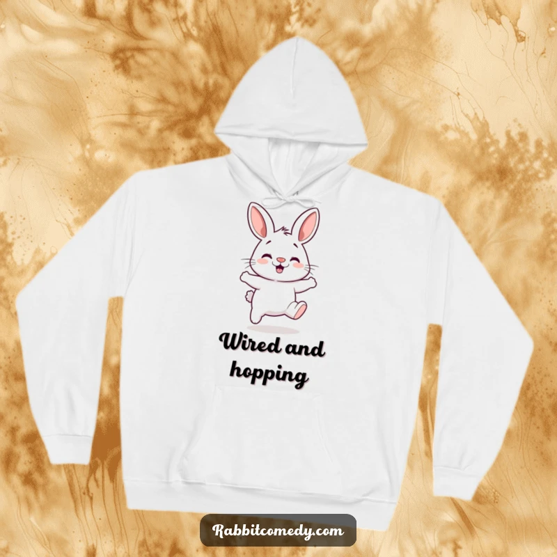 Funny hoodie showcasing a rabbit with a twitching nose, caught in a silly and energetic hopping motion.