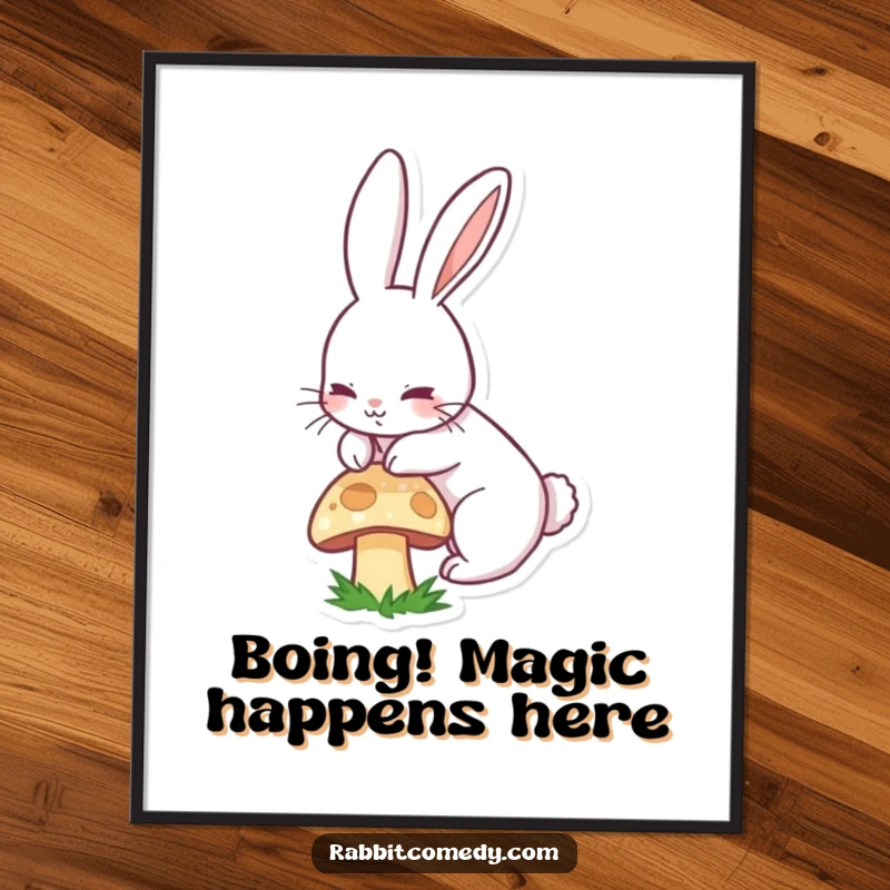 Funny Free Printable Wall Art: A long-eared rabbit playfully boinging over a mushroom, bringing joy and humor to your walls. A delightful downloadable piece.