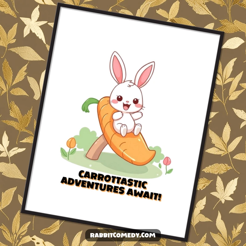 Funny Free Printable Wall Art: Giddy rabbit gleefully slides down a giant carrot, radiating pure, infectious fun.