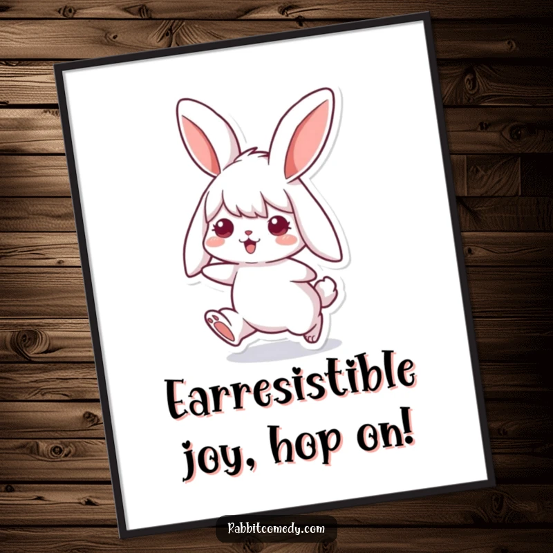Funny Free Printable Wall Art: A delightful rabbit character with long, floppy ears captured mid-happy-hop, radiating pure, simple joy.