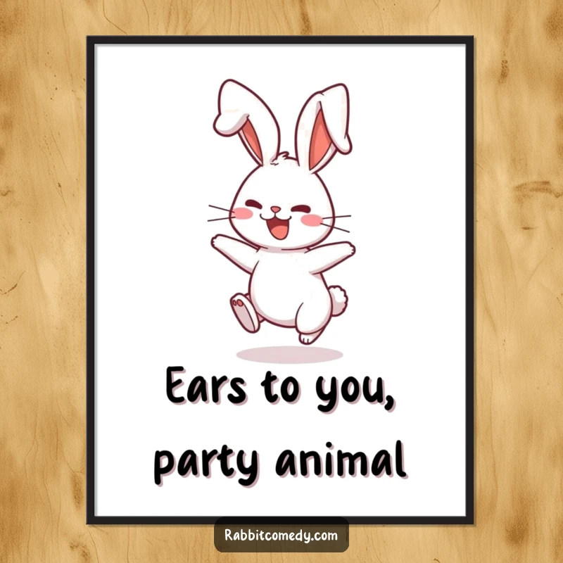 Funny free printable wall art of a rabbit character playfully bouncing with its ears flopping in a delightfully comical way.