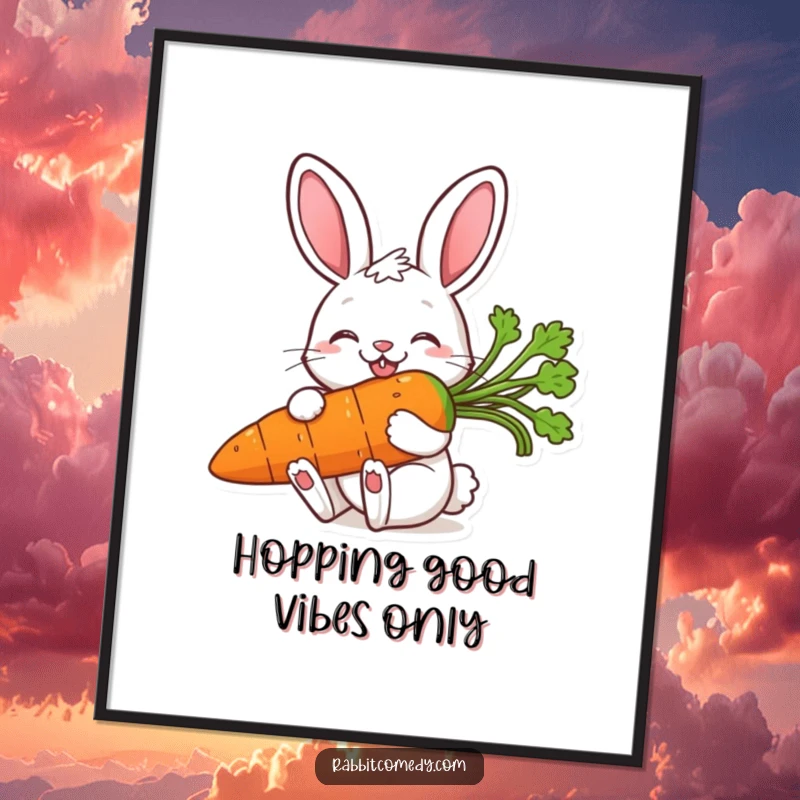 Funny Free Printable Wall Art: A rabbit with pure joy nibbles on an oversized, vibrant carrot.
