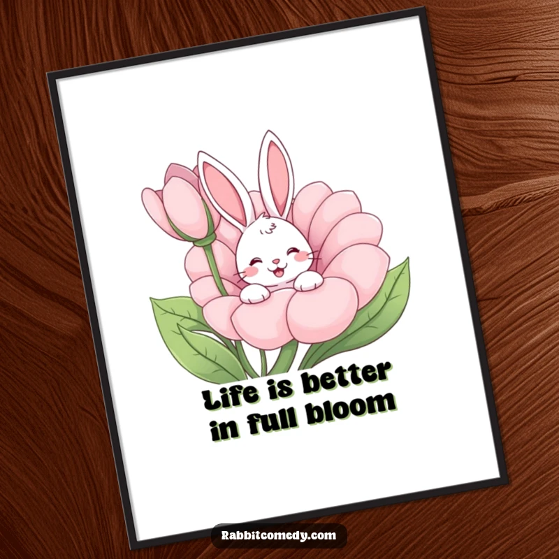 Funny Free Printable Wall Art: A happy rabbit peeking from a giant flower with a joyful wiggle, adding cheer to any room.
