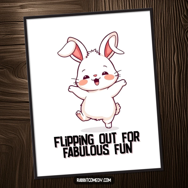 Funny Free Printable wall art of a fluffy rabbit character doing a wild, silly dance, its ears flopping everywhere.