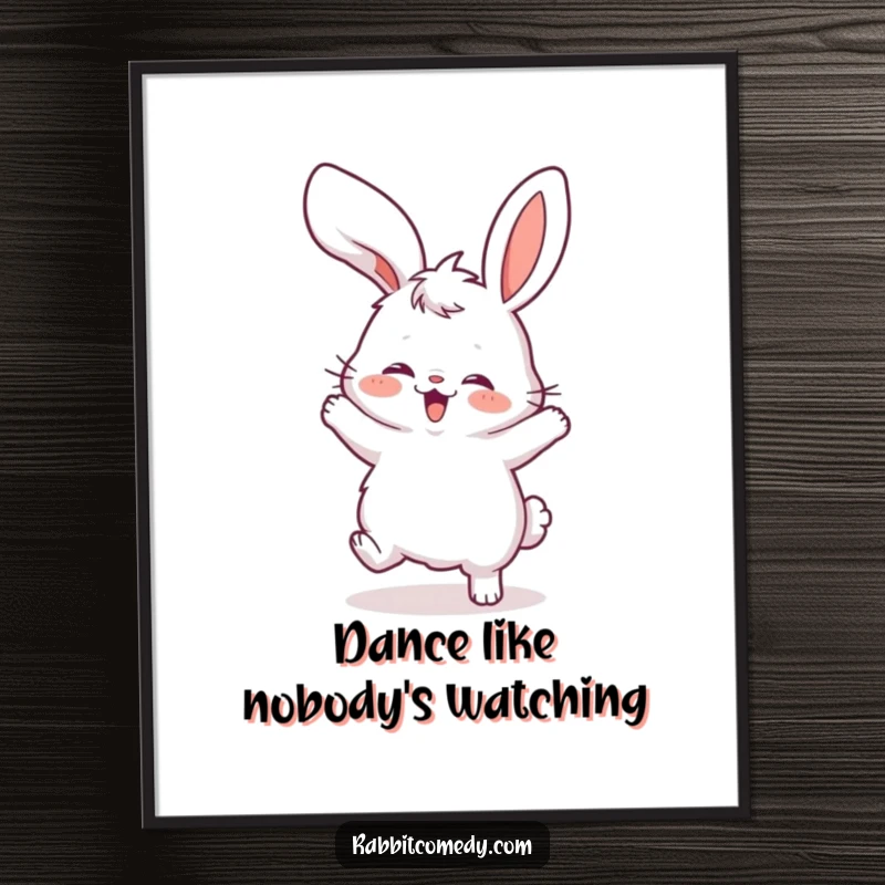Funny Free Printable Wall Art: A fluffy rabbit character is doing a silly dance with its ears flopping wildly, creating a whimsical scene.