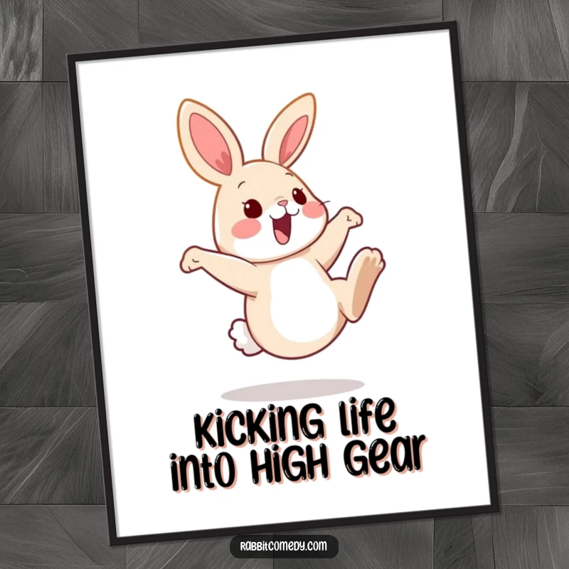 Funny Free Printable Wall Art: A rabbit playfully kicks its hind legs in a hilarious pose. Downloadable home decor.