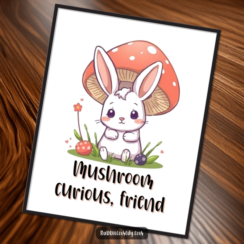 Funny Free Printable Wall Art: Rabbit character curiously peeking from behind a large mushroom, whimsical downloadable art.
