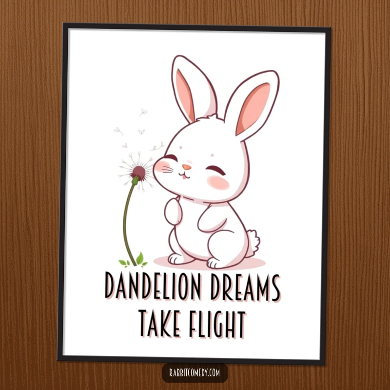 Funny Free Printable Wall Art: Rabbit character gently blowing a fluffy dandelion seed, serene downloadable art.