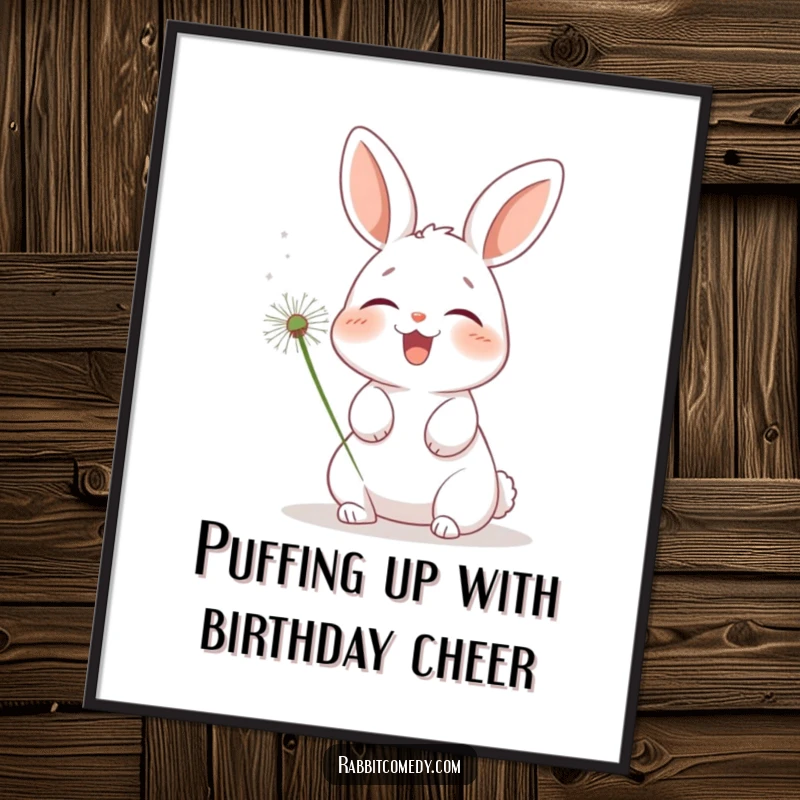 Funny Free Printable Wall Art: A cute rabbit giggles uncontrollably while being tickled by a fluffy dandelion puff.