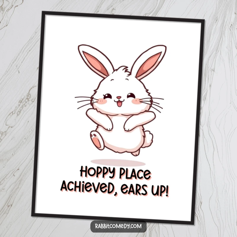 Funny Free Printable Wall Art, fluffy rabbit character with long ears twitching, captured mid-hop with a joyful bounce, cheerful and cute.