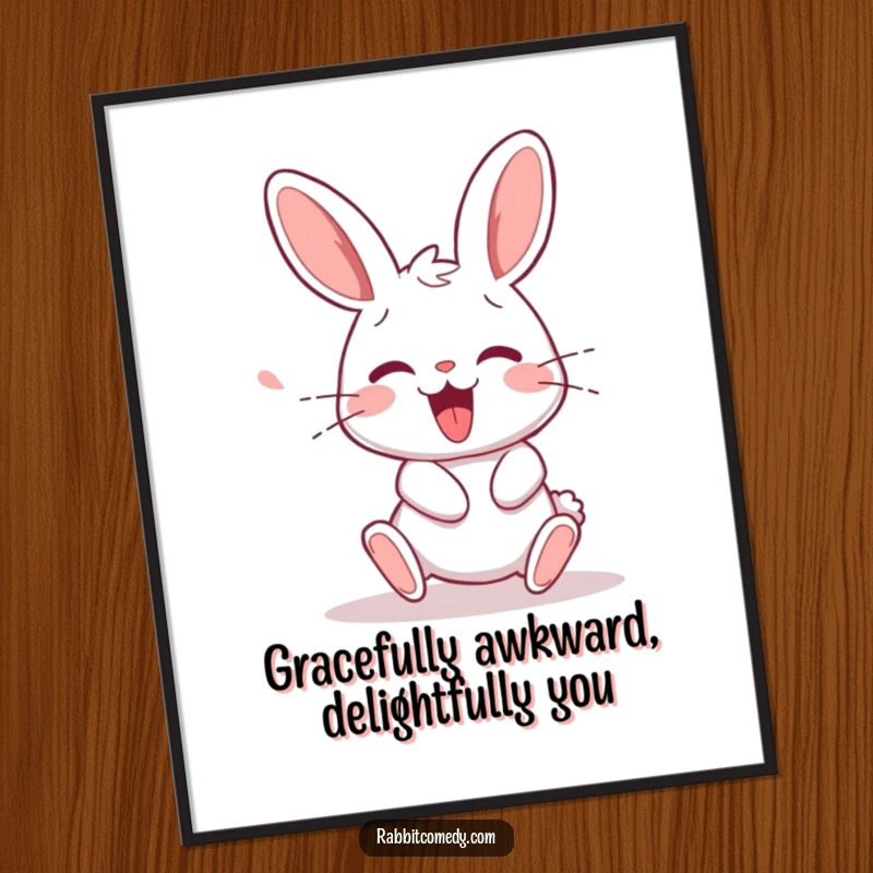 Funny free printable wall art showcasing a rabbit character comically stumbling and recovering with a joyful squeak, adding humor to decor.