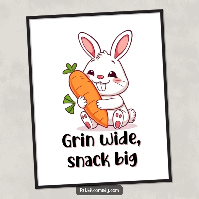 Funny Free Printable Wall Art: A rabbit character sports a massive grin while proudly holding a comically large, smiling carrot.