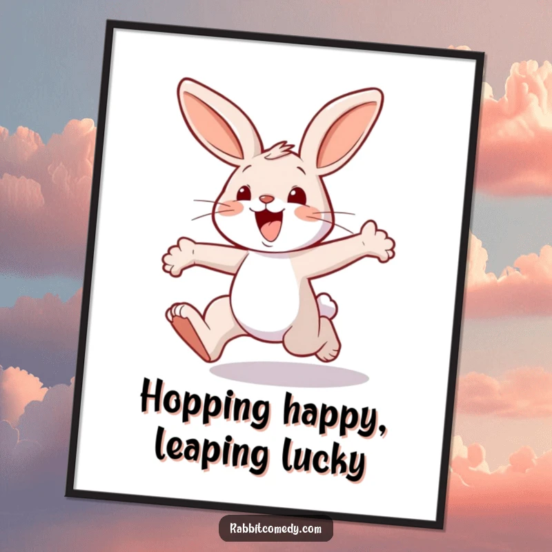 Funny Free Printable wall art of a rabbit character joyfully hopping with extremely exaggerated, high leaps and a delighted expression.