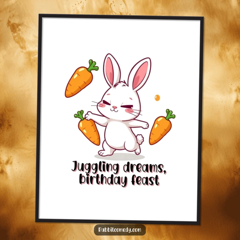 Funny free printable wall art depicting a focused rabbit character playfully juggling three shiny carrots with a determined squint.