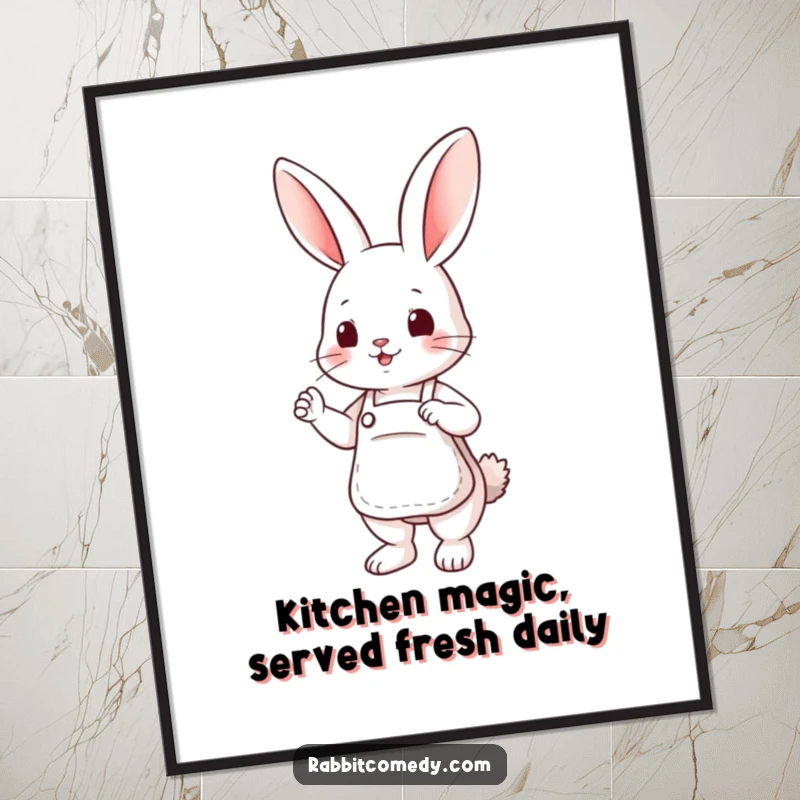 Funny Free Printable Wall Art: A cute rabbit wearing an apron, striking a helpful pose, ready to assist with decorating your home. A charming downloadable piece.
