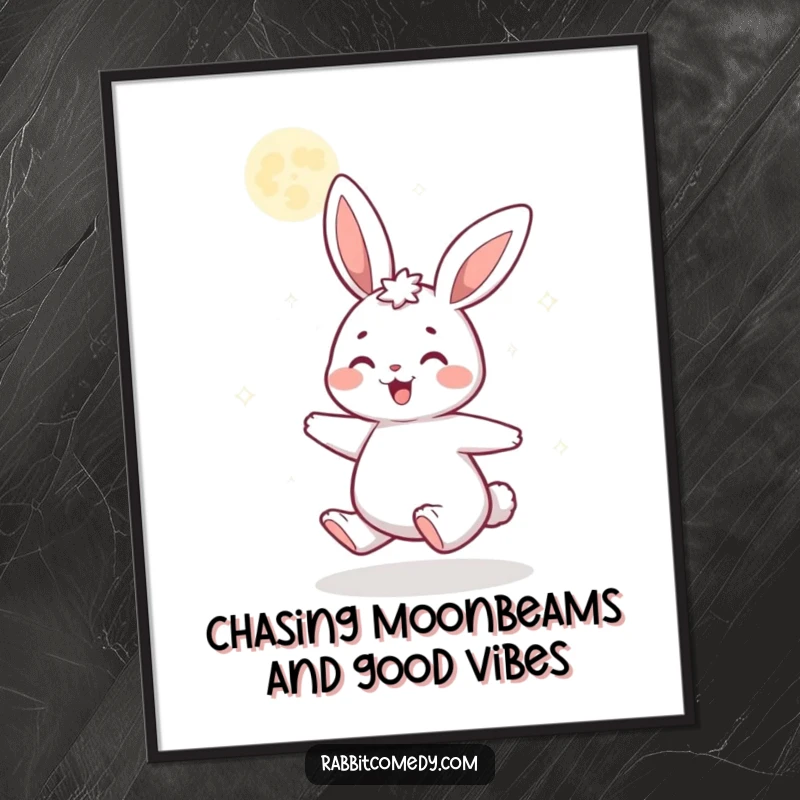 Whimsical free printable wall art: A happy rabbit spinning with joy under a glittering moon.