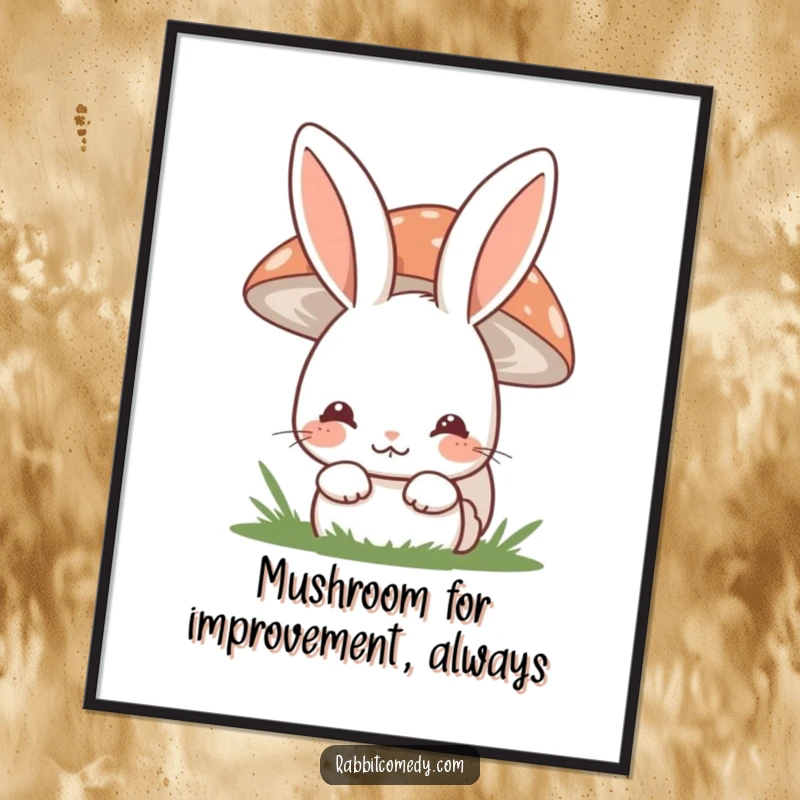 Funny Free Printable Wall Art: A shy rabbit with a sweet smile peeks playfully from behind a large, whimsical mushroom.